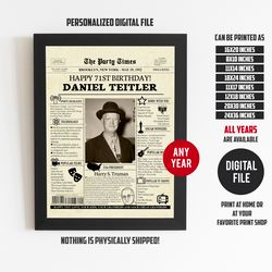 71st birthday gift for men or women, back in 1952, 71st birthday newspaper poster sign printable, born in 1952