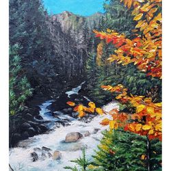 Autumn Mountain Painting Landscape Original Art Colorado Painting Mountain River Wall Art Fall Painting