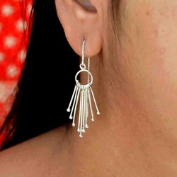 925 Silver Ball Fringe Earrings, Drop Long Earrings, Wire Long Women Handmade Jewelry