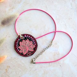 Om necklace, Lotus mandala necklace, Pink lotus choker, Leather round pendant, Hand painted pendant, Leather medallion