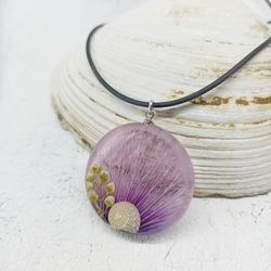 Snail & Flowers resin necklace. Purple mallow necklace