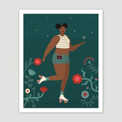 black curvy woman art, beautiful black roller skater, printable poster, black girl roller skating print, melanin poppin