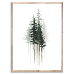 pine tree art print evergreen tree watercolor painting christmas tree wall art brown sage green minimalist poster