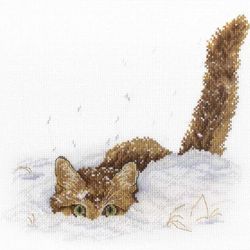 MP Studio Cross stitch kit Cat in the snow 20x25 cm Christmas at home with a cat