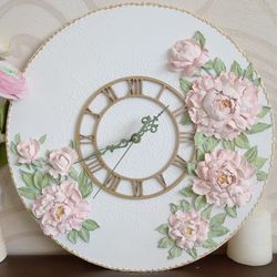 White wall clock with pink 3D peonies Shabby chic wall decor Large wall clock with flowers Wedding gift Mother day gift