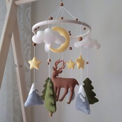 Baby mobile woodland nursery decor, deer crib mobile, forest mobile, baby shower gift, expecting mom gift, cot mobile