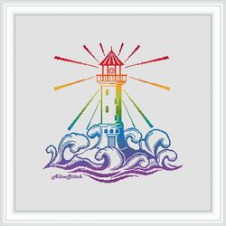 Cross stitch pattern Lighthouse Wave Rainbow Sea marine silhouette hope counted crossstitch pattern/Instant Download PDF