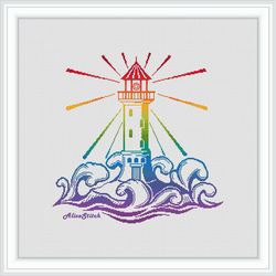 cross stitch pattern lighthouse wave rainbow sea marine silhouette hope counted crossstitch pattern/instant download pdf