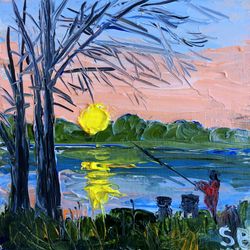 Fishing Landscape Painting Original Art Mississippi River Sunset Impasto Artwork 4 by 4 by SerjBond