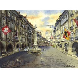 street in bern, switzerland. original watercolor painting 7,6x9,4''