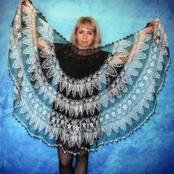 Black and white crochet shawl, Warm Russian Orenburg shawl, Goat wool wrap, Downy cape, Hand knit cover up, Stole, Scarf