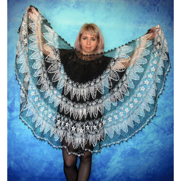 Black and white crochet shawl, Hand knit warm Russian Orenburg shawl, Shoulder wrap, Goat wool stole, Downy cape, Cover up, Lace kerchief, Gift for her.JPG