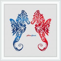 Cross stitch pattern Seahorse Hippocampus silhouette blue red ornament sea marine counted crossstitch patterns PDF