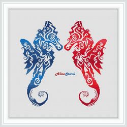 cross stitch pattern seahorse hippocampus silhouette blue red ornament sea marine counted crossstitch patterns pdf