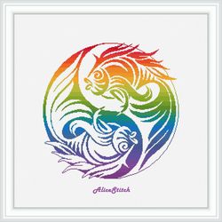 cross stitch pattern yin yang two fish rainbow ornament east mandala sea marine counted crossstitch pattern/download pdf
