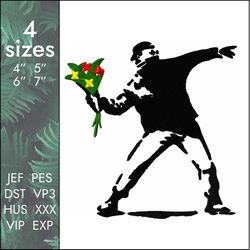 banksy embroidery design, flower thrower painting, 4 sizes, instant download