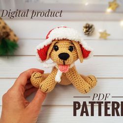 Christmas crochet pattern dog Labrador Retriever in hat, Amigurumi Crochet Dog Pattern, Golden Retriever, soft toy