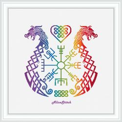 Cross stitch pattern Dragon drakkar Runic compass Vegvisir celtic knot viking sea ethnic rainbow counted crossstitch
