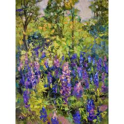 Meadow Painting Nature Artwork Blooming Wildflower Impressionism Lupine Wall Art Summer Forest Art