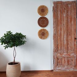 African woven baskets wall art decor. Set of 3 handmade plates. Wicker round wall basket. Hanger wall plate.