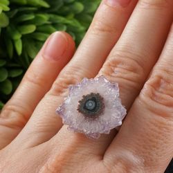 Amethyst Stalactite Slice Ring Adjustable Sterling Silver Purple Lilac Lavender Amethyst Crystal Druze Ring Jewelry 7774