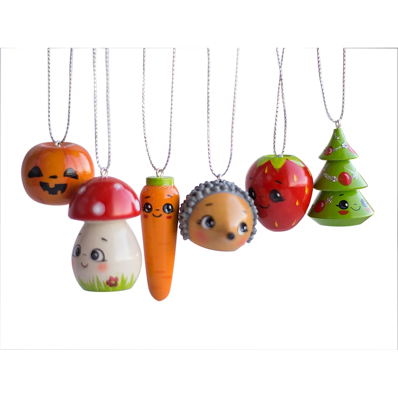 advent calendar filler Christmas ornaments Xmas tree, pumpkin lantern Jack, cute carrots, kawaii strawberries, funy hedgehogs, fly agaric mushrooms