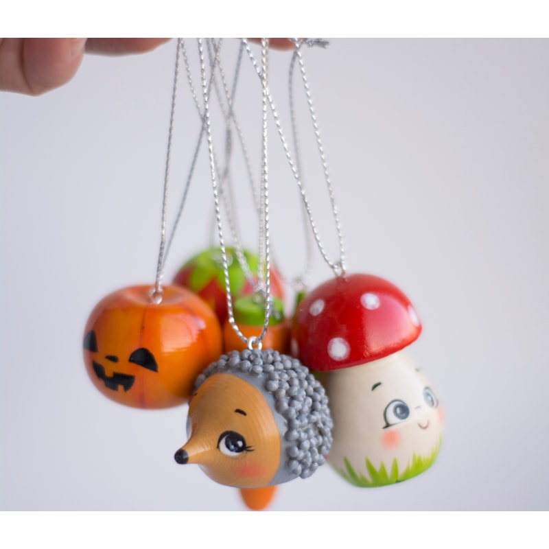 set of 6 pcs small Christmas decorations: Christmas tree, pumpkin, cute carrots, kawaii strawberries, funy hedgehogs, nice fly agaric mushrooms.