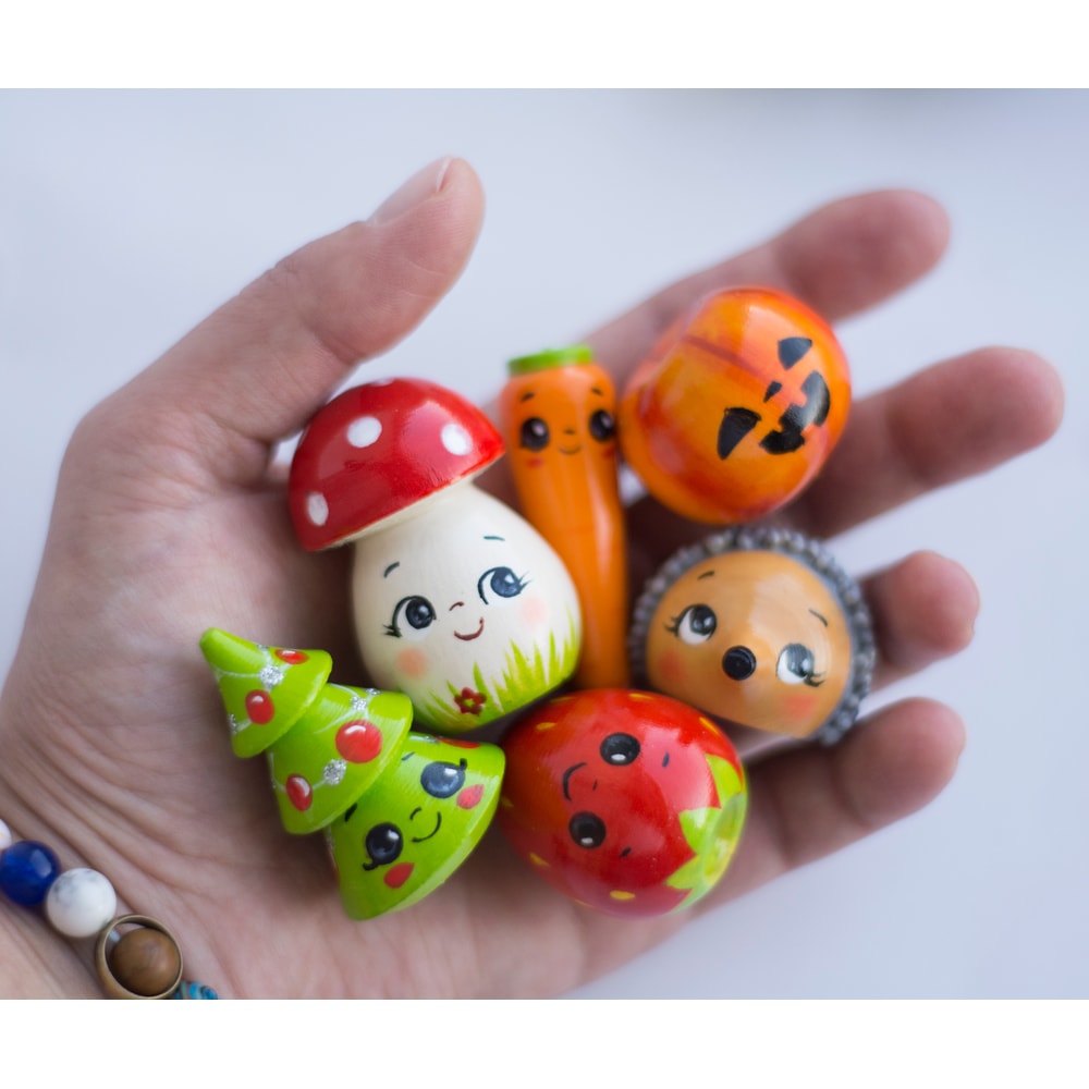 advent calendar fillers for kids: mini figurine Christmas tree, pumpkin lantern Jack, cute carrots, kawaii strawberries, funy hedgehogs, nice fly agaric mushroo