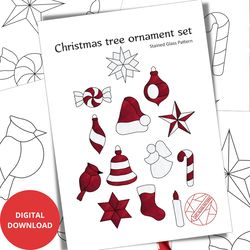 Stained glass patterns, Christmas tree decoration set - Digital Download PDF