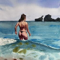 original watercolour painting "swimming" wall home decor
