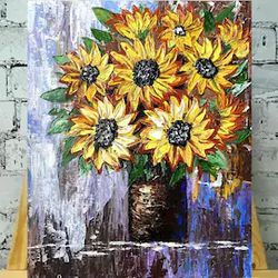 Sunflower Painting Flower Original Art Fall Tree Painting Yellow Flower Impasto Painting 18*22 MyrikArt