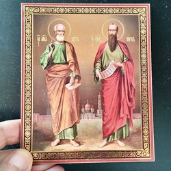 Saints Peter and Paul (XXIc) Icon | Silver and gold foiled lithography | Icon Reproduction | Size: 5 1/4"x4 1/2"