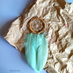 dreamcatcher handmade with rose quartz and bee . personalized gift. boho style . keychain for a bag,keys or car