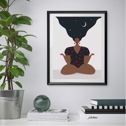 Black yoga girl art, black woman meditating, printable poster, melanin women art, gift for yoga lover, curvy black girl