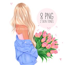 Fashion girl clipart, denim girl with flowers png