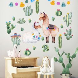 Vinyl stickers Alpaca Wall Decals  Cactus Rainbow Wall Stickers Baby Home Room Nursery DIY Decorative Adhesive Art Wall