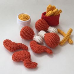 Chicken wings with cheese sauce, crochet food play, set chicken wings toy, mini food toy pretend play kitchen,home decor
