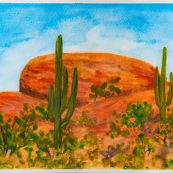 Arizona desert original watercolor painting Saguaro desert landscape red rocks artwork Tucson wall art