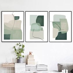 Abstract Print Gree Gray Wall Art Set Of 3 Prints Large Art Printable Art Abstract Painting Triptych Abstract  Shapes