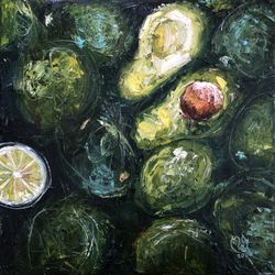 Avocado painting original canvas art Kitchen art Fruits Painting lemon wall artwork
