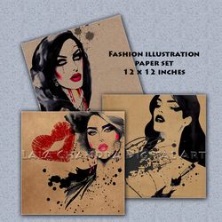 Fashion illustration paper set, art journal printable Scrapbook decoupage