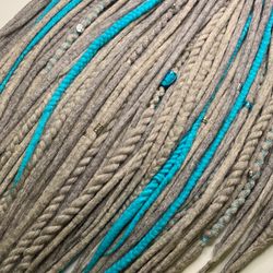 Wool dreads . Grey Sky blue dreadlock extensions Double ended  full set dreads