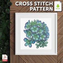 cross stitch pattern - succulents - green and purple arrangement