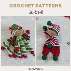 2-IN-1 Christmas Baby Loveys Elves Twins Crochet Pattern, Amigurumi Boy and Girl Dolls Pattern, Christmas Gift For Baby