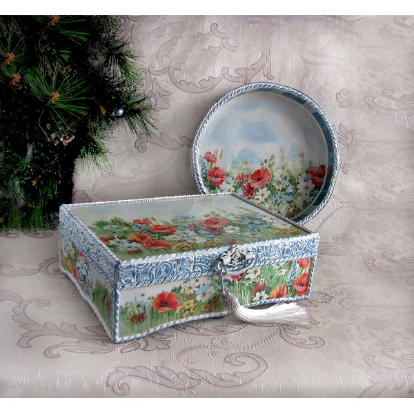 Tea box, Trinket Box, Boho jewelry box, Christmas gift, Unusual wooden casket, Poppies Box, Glossy casket, Summer jewelry box (9).jpg
