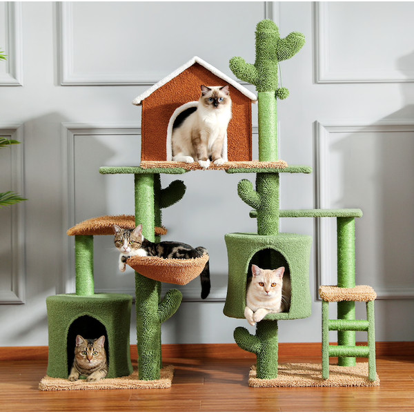 four-cats-on-the-cactus-cat-tree-grey-background