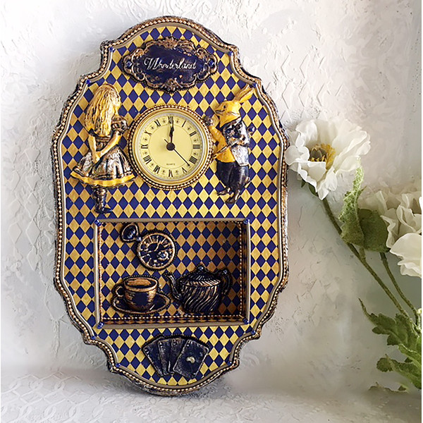 Unique wall clock. Blue Wall clock, Clock in the living room, Clock as a gift, Clock Alice in Wonderland, Clock with a White rabbit (2).JPG