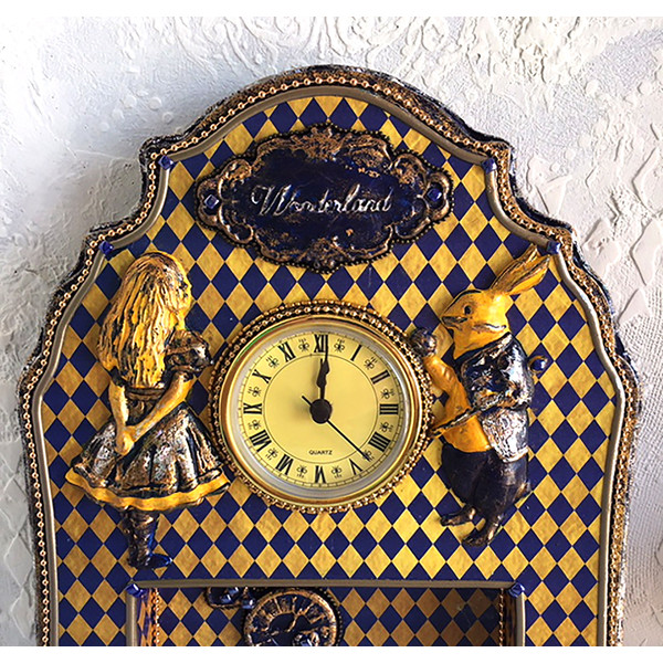 Unique wall clock. Blue Wall clock, Clock in the living room, Clock as a gift, Clock Alice in Wonderland, Clock with a White rabbit (4).JPG