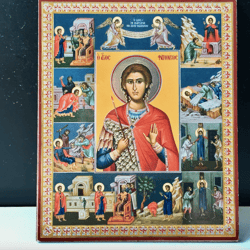 The Saint Phanourios with scenes from his life | Silver foiled lithography | Icon Reproduction | Size: 5 1/4"x4 1/2"