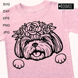 shih tzu with flowers svg for cricut, peeking dog, shih tzu shirt design, car decal clipart vector cut file vinyl /140